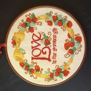 Vintage Strawberry Crewel Round Sampler, Red Green Yellow Brown